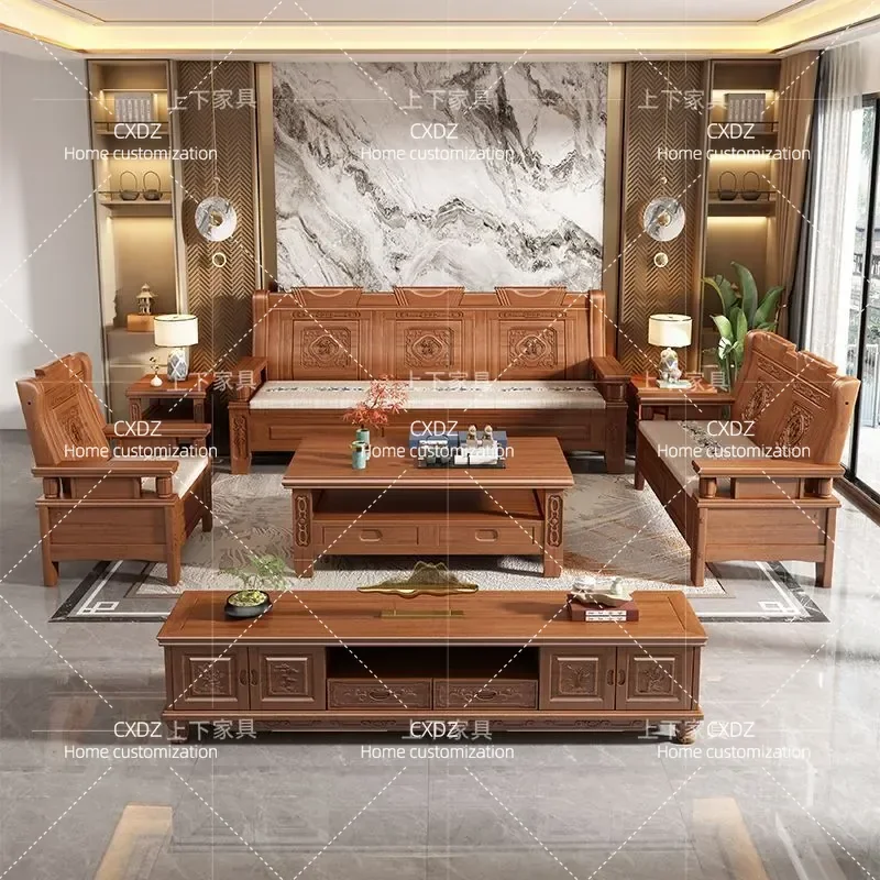 Full Solid Wood Sofa Chinese Classical Living Room Furniture Rural Style Pear Wood Carved Floral Pattern Vintage Home Decor