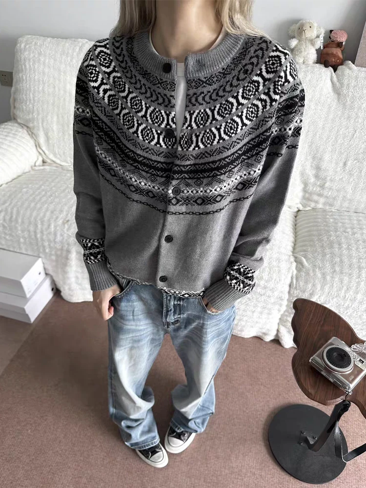 

American Retro Fair Isle Knitted Open Cardigan Loose Lazy Sle Sweater Jaet for Men And Women Autumn Winter Cotton Blend