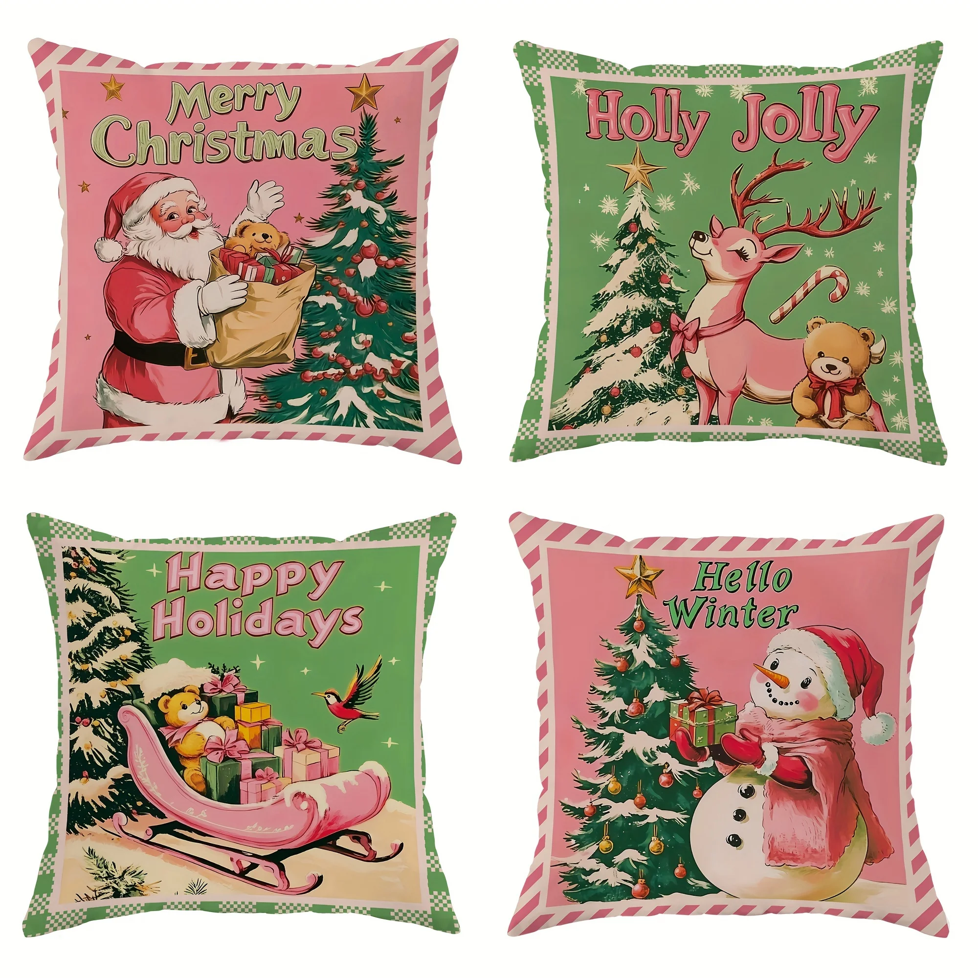

4 шт., рождественские бархатные наволочки, Санта-Снеговик, олень, праздничный дизайн, мягкий розовый, зеленый, 18x18 дюймов