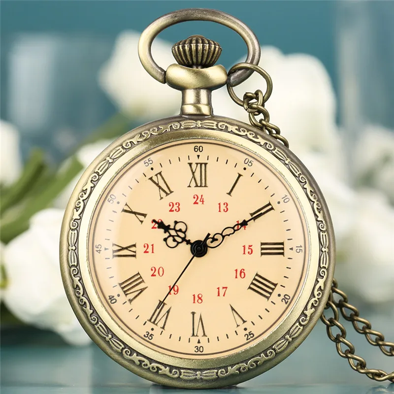 

Antique Open Face Design Roman Numeral Dial Bronze Quartz Pocket Watch for Men Women with Sweater Necklace Chain Clock