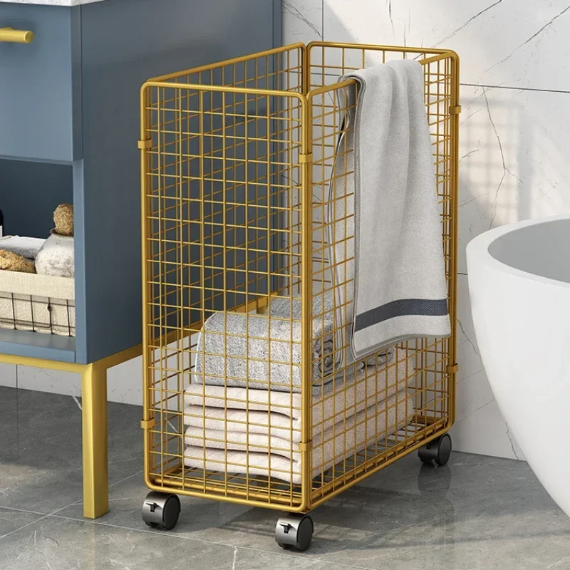 Cute Foldable Iron Laundry Basket: Home Bathroom with Wheels, Hollow Breathable Design, Yoga Mat Storage Solution