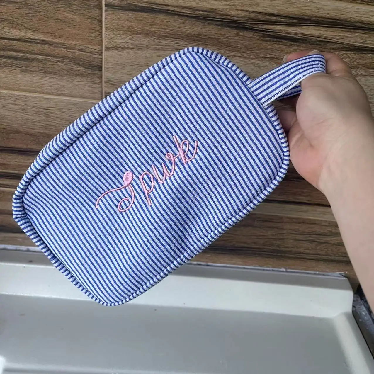 

Personalized Name Seersucker Toiletry Bag Custom Monogrammed Cosmetic Bag Gift for Women Travel Makeup Bag Unique Birthday Gifts