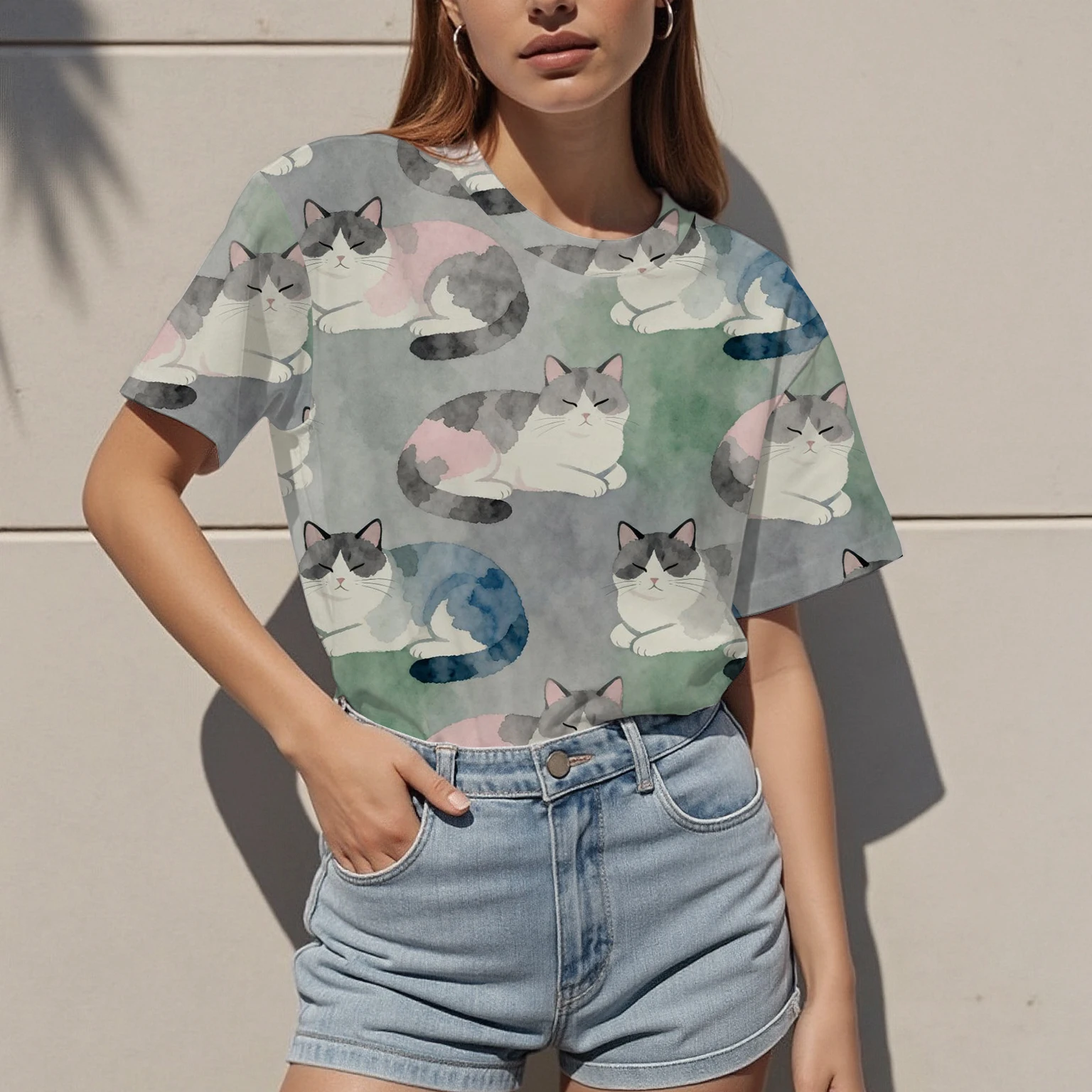 

New summer women's short-sleeved round neck T-shirt pullover cat pattern casual fashion daily versatile breathable