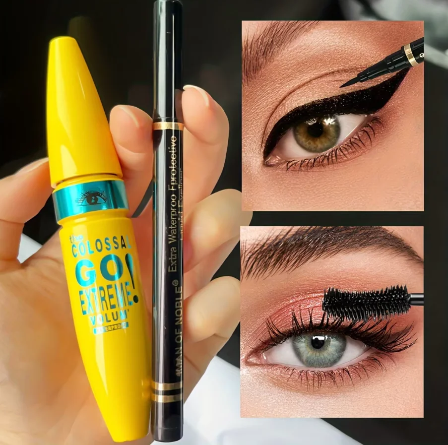 Mascara con eyeliner Combo Nero Sottile Linea di disegno Definizione liscia Trucco occhi impermeabile a lunga durata Set da 2 pezzi