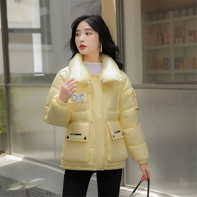 Veste courte en coton pour femme, manteau épais à revers, couleur pure, parka à la mode avec poche, pardessus femme, hiver, nouveau, 2023