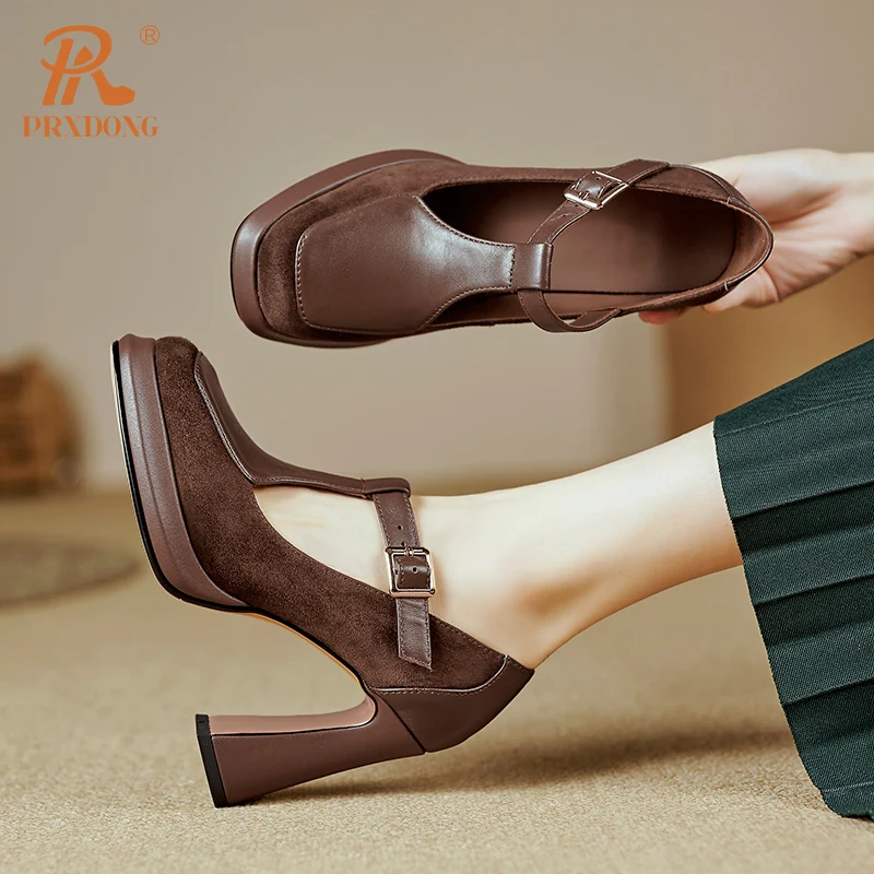 PRXDONG Genuine Leather Shoes Woman Pumps New Spring Summer High Heels Platform T-strap Retro Black Brown Dress Party Mary Janes