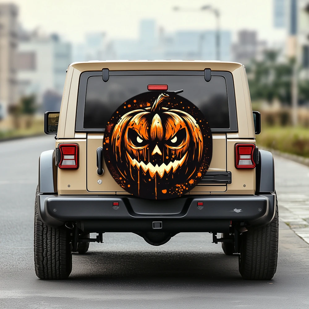 1pc 30/34 Inch Multi Functional Spare Tire Cover For Jeep Trailer RV Offroad Truck Camper Vehicles With Halloween Pumpkin Design