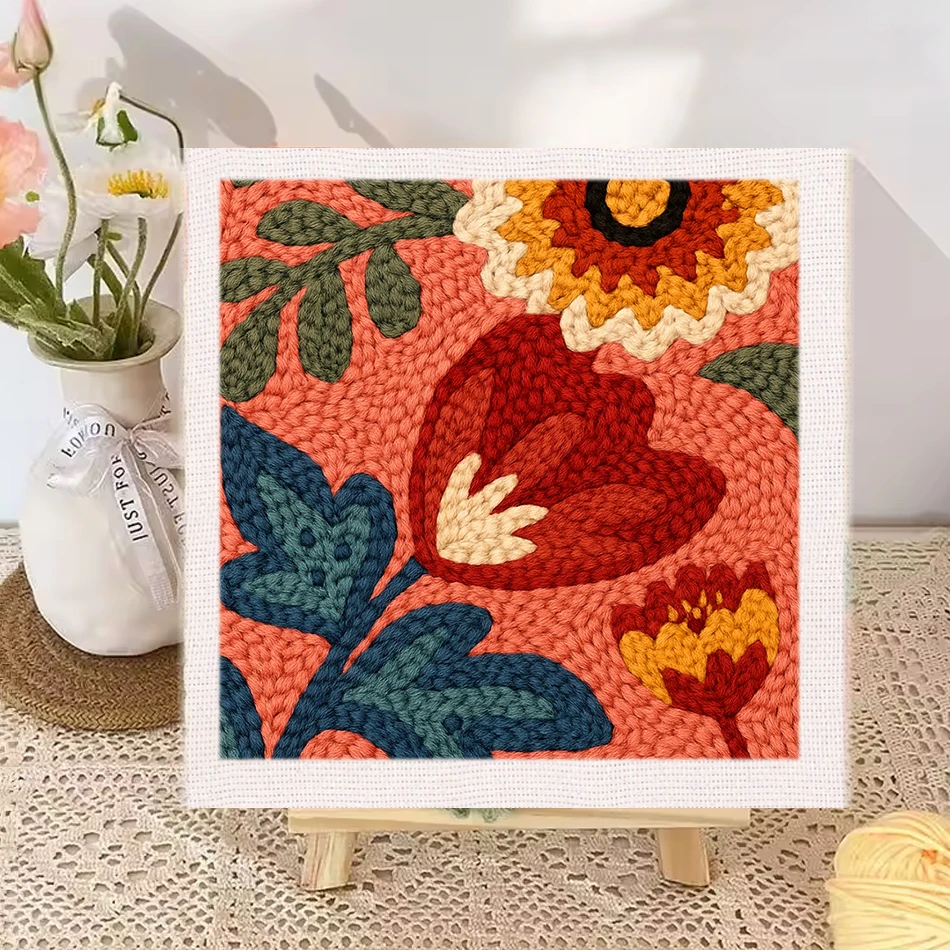 Square Punch Needle Kit for Adult Beginners 25*25cm Flower Starter Set with Frame Embroidery Handicraft DIY Craft Sewing Set