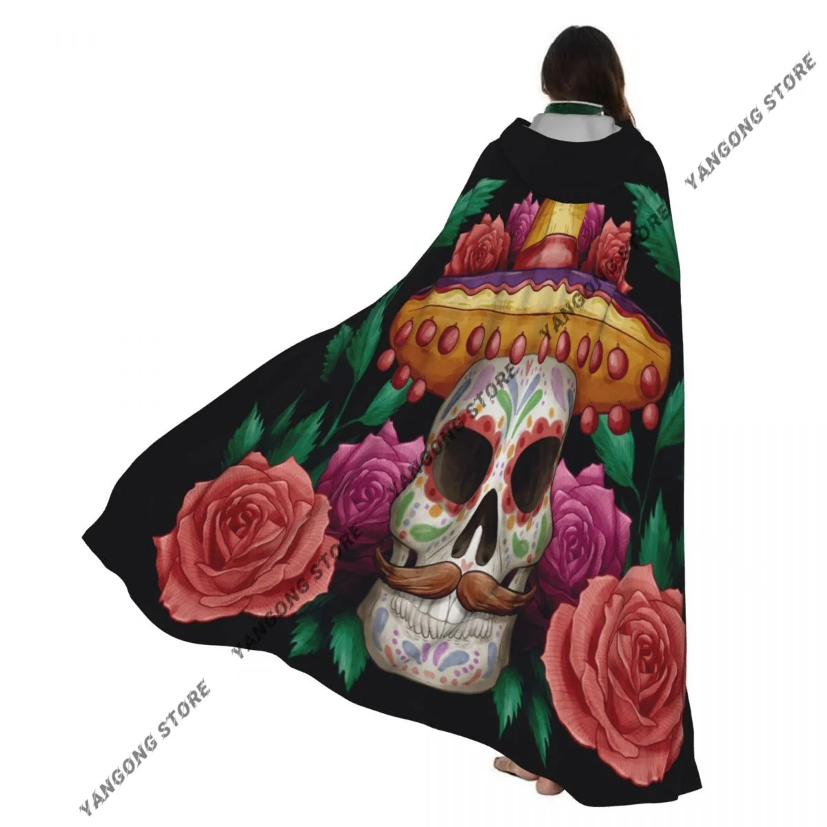 

Adult Halloween Watercolor Dia De Muertos Skull Cloak Cape Hooded Medieval Costume Full Length Dress Coat
