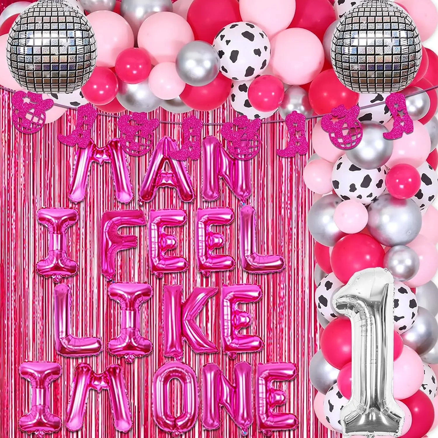 

Disco Cowgirl 1st Birthday Decorations Girls Hot Pink Man I Feel Like I'm One Balloons Banner Western Rodeo First Party Supplies