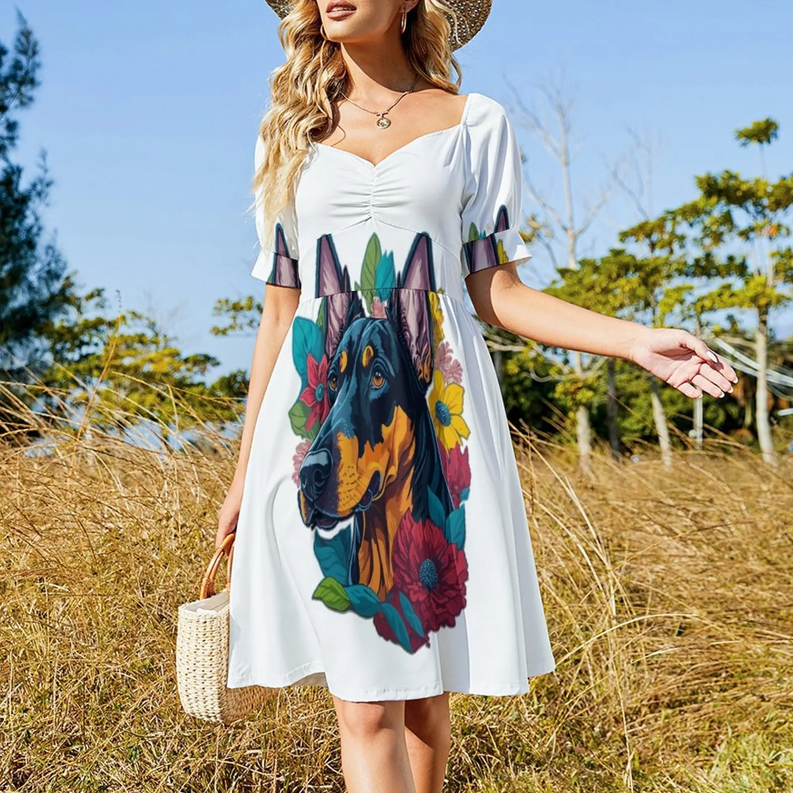 Doberman with a Splash of Flowers Short-Sleeved Dress loose women's dress party dresses woman