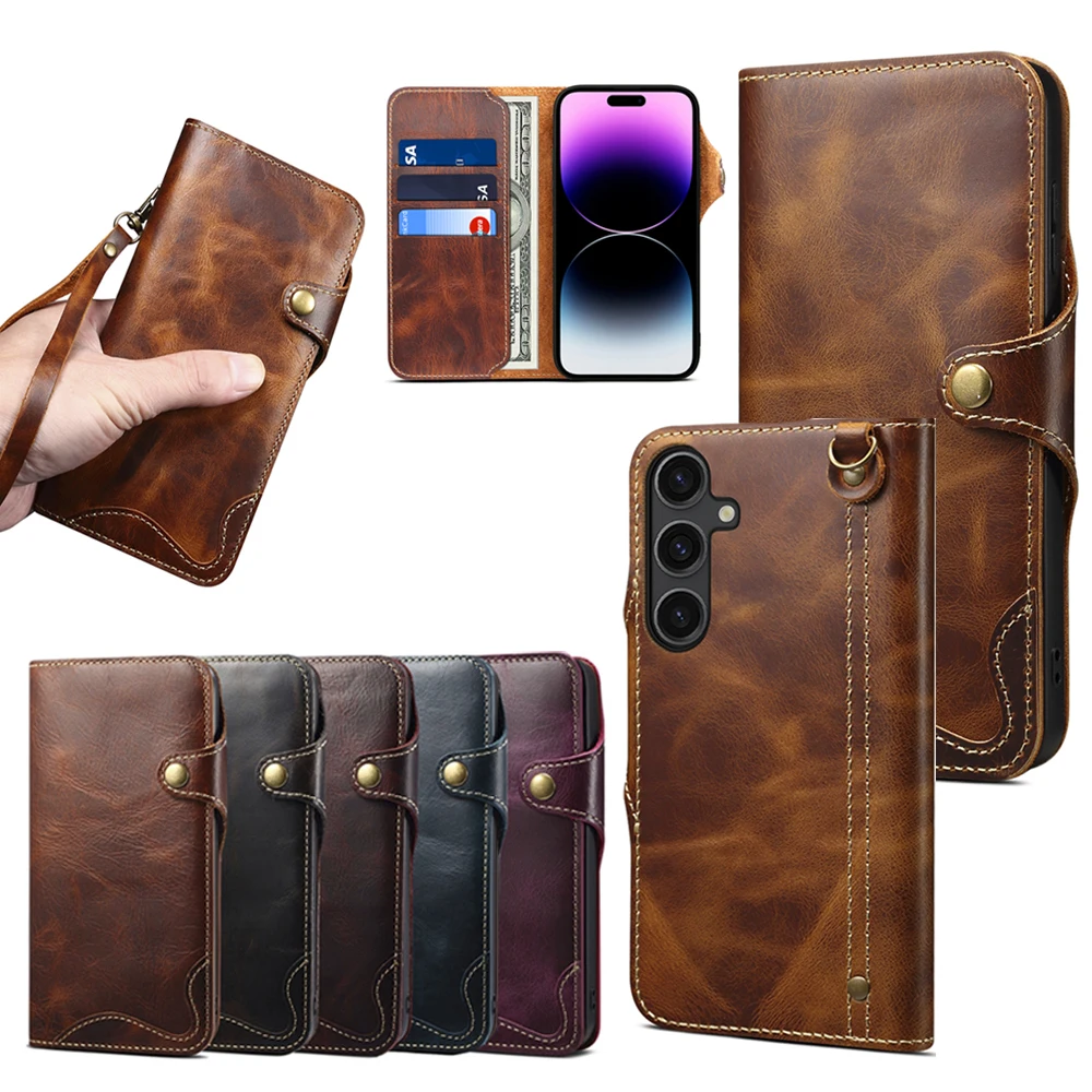 Luxury Genuine Leather Phone Cover for Samsung Galaxy S24 S23 S22 Ultra Plus Shockproof Wallet Case Handmade Cover