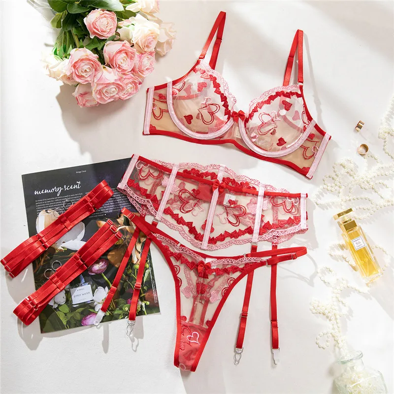 

Sexy Lingerie Set 4 PCS Embroidery Romantic Bra Lace Underwear Legbands Bra Brief Set Fashion Ultra Thin See Through Exotic Sets