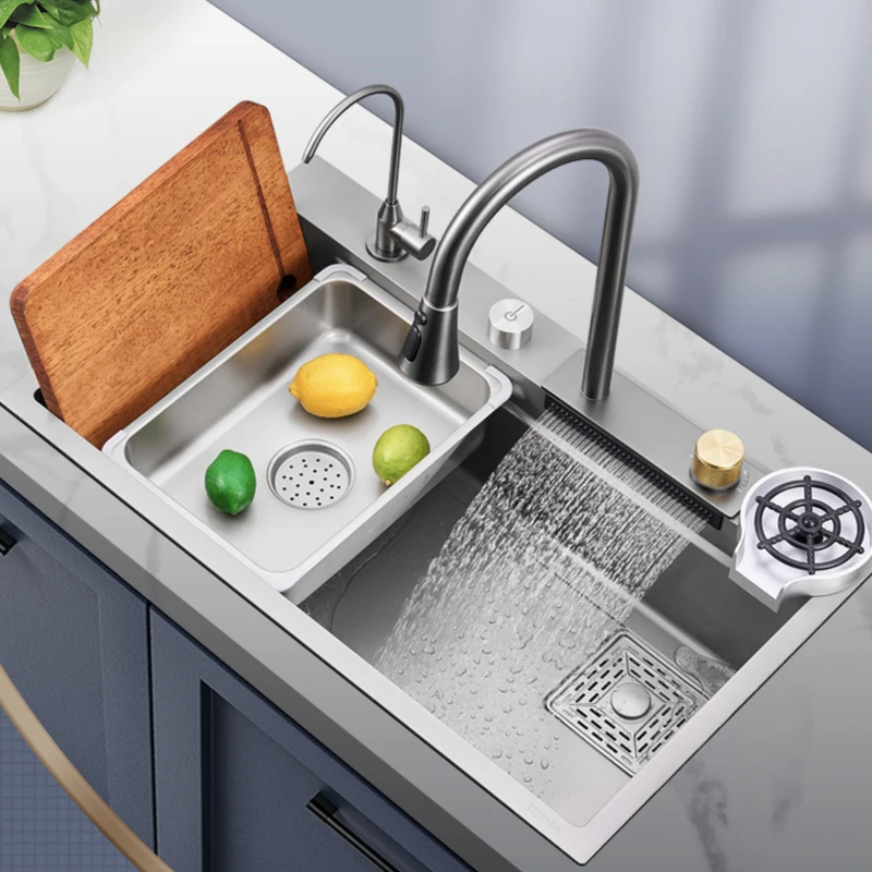 

Black Stainless Steel Kitchen Sink Waterfall Large Single Slot Nano Bowl Wash Basin with Cutting Board Drain Accessorie Kitchen