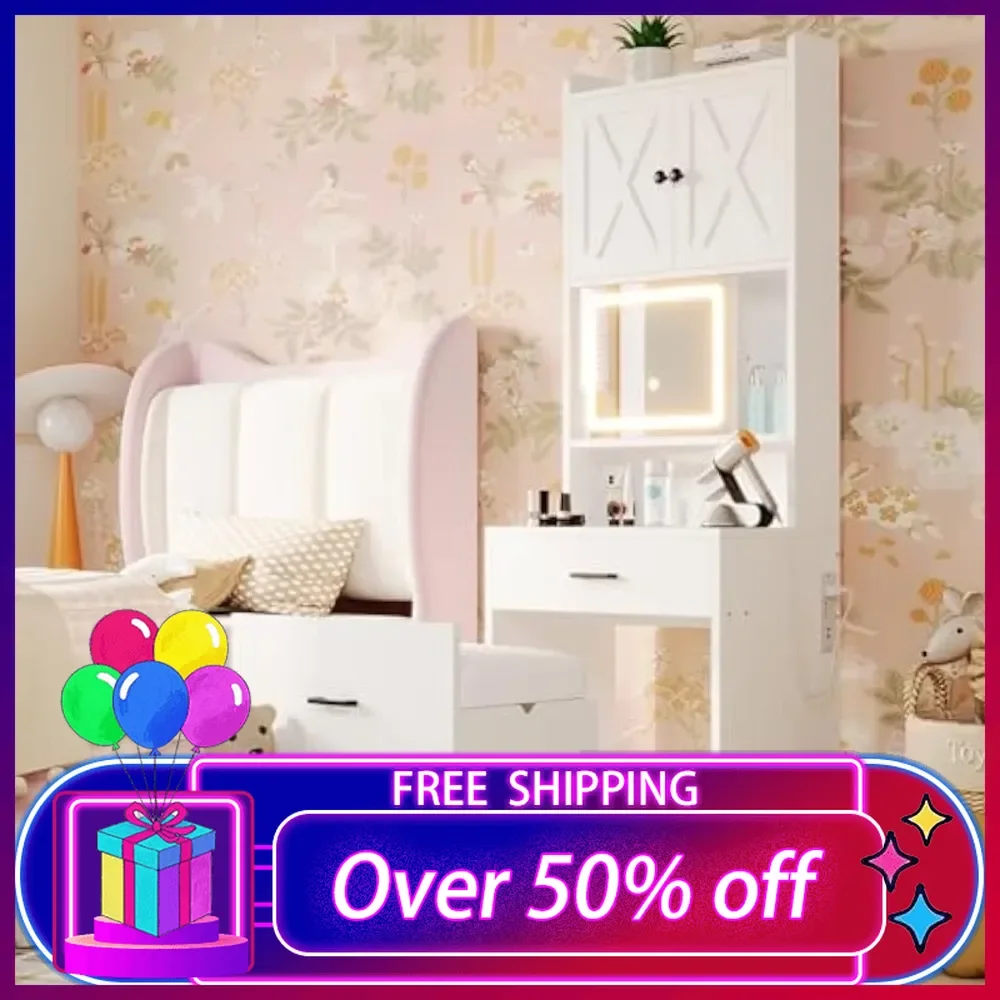 Vanity Desk Set with Mirror and Light,Compact Makeup Vanity Desk with Drawers and Charging Station,with Hidden Storage and Stool