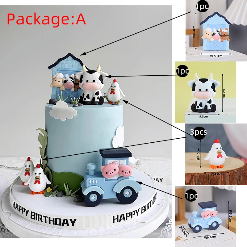 New Farm Themed Cake Toppers Kids First Birthday Party Cake Decorations Baby Shower Cow Ornament Tractor Chicken Birthday Insert