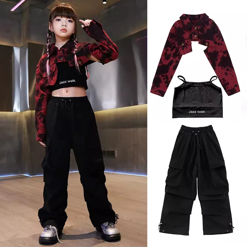 Girls Jazz Dance Clothes Red Tie Dye Coat Hip Hop Dancewear Kpop Clothing Children Cheerleading Uniform Festival Costume DL11099