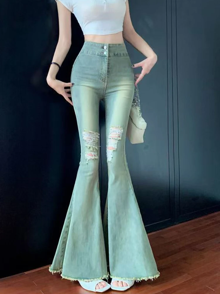 

Blue High Waist Slim Fit Denim Jeans Women's Summer High Waist Bell Bottoms Ripped Vintage Frayed Long Pants Casual Style