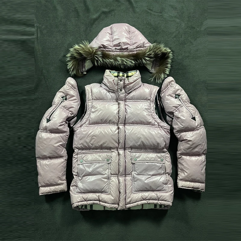 Elegante manga destacável para baixo jaqueta feminina couro brilhante gola de pele acolchoado casaco de algodão 2025 nova moda inverno senhora outwear