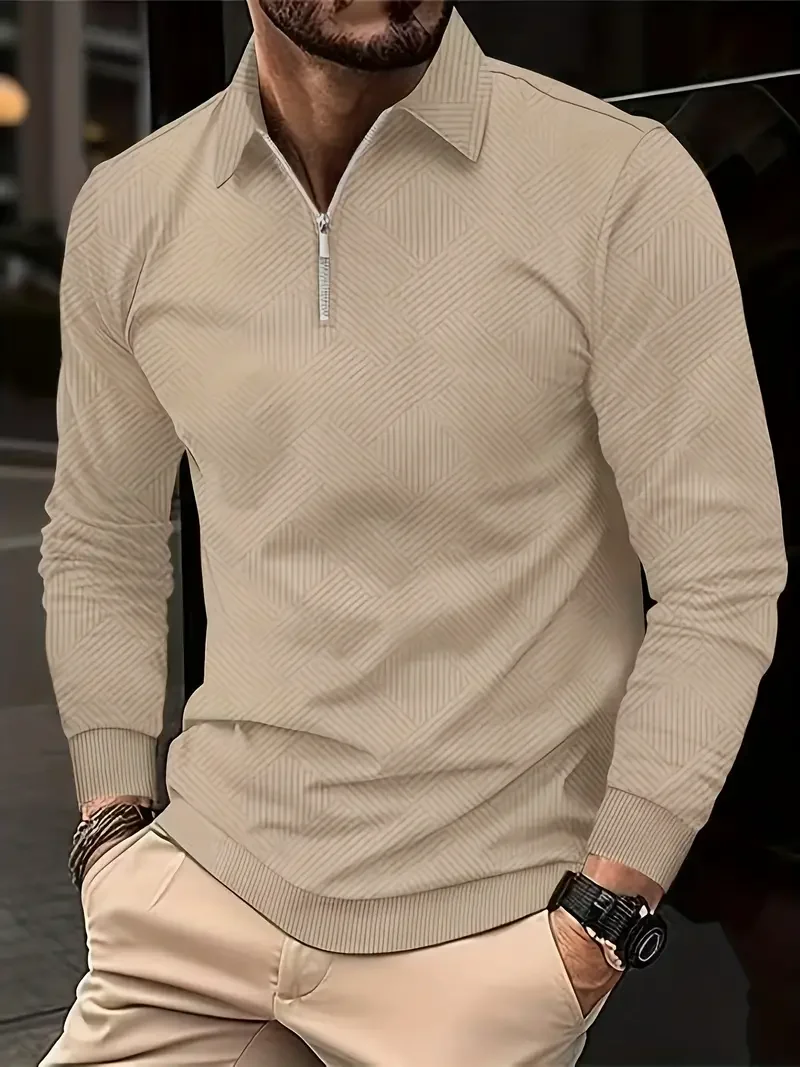 2025ins Men's pullover shirt Jacquard texture Long sleeved polo zipper top Casual and relaxed Hot sale Plus-size men's wear