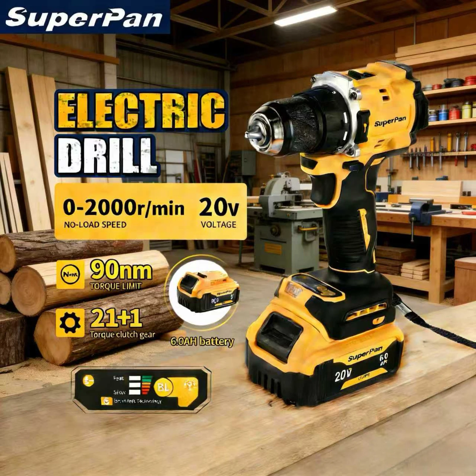 

Бесщеточная дрель SuperPan SP805 с литиевой батареей 6.0 Ач, нескользящей рукояткой, отверстием для ремешка, 21+1 режимом работы, прочная, совместима с аккумулятором DeWalt 20В.