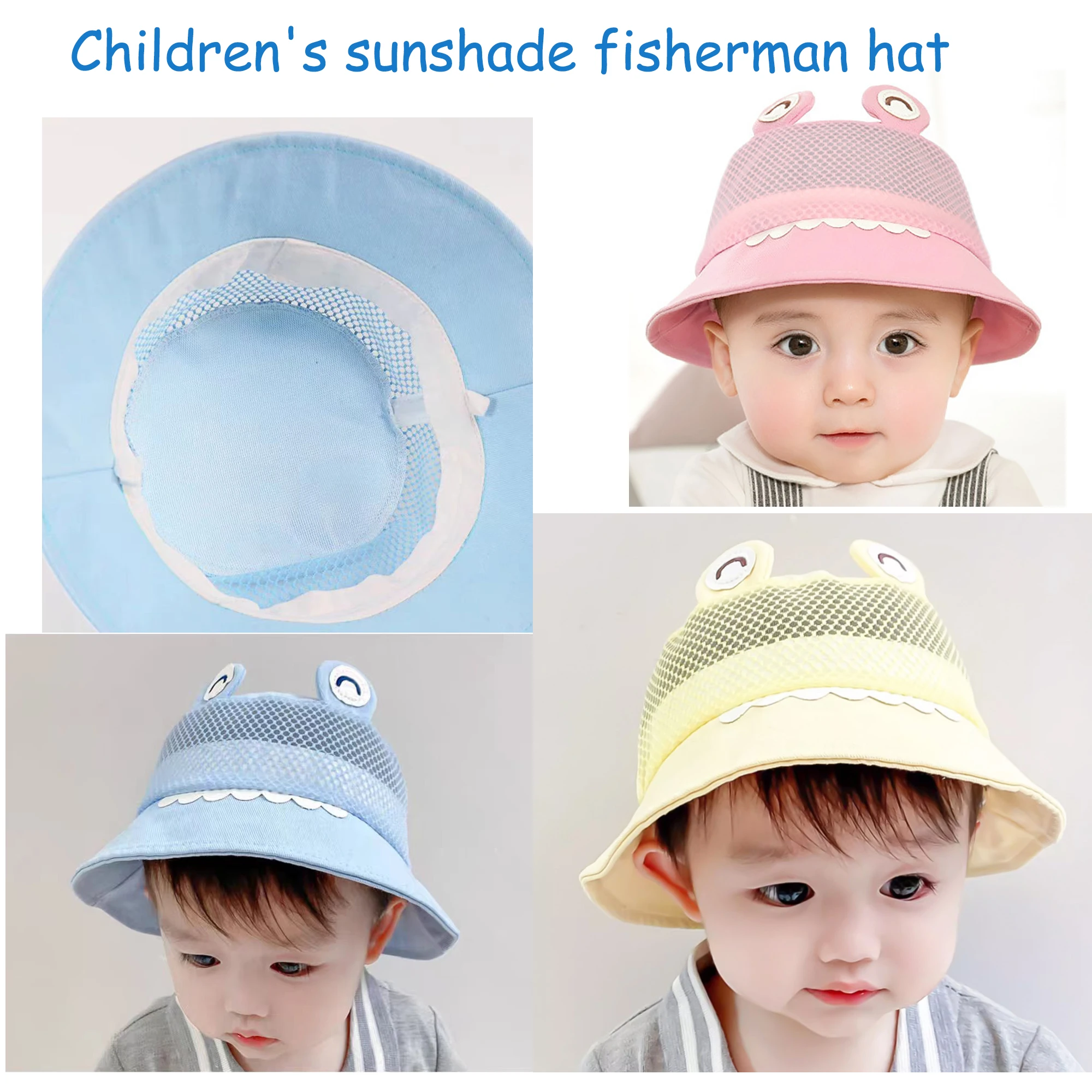 Cute frog eyed lightweight baby fisherman hat, adjustable head circumference, with tie up, pink, blue, and yellow colors