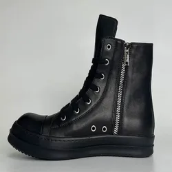 R-o Luxury Shoe Men High Top Shoes Full Black Leather Boots Women Sneaker Black Cowhide Casual Sneakers Lace Up Ankle Boot