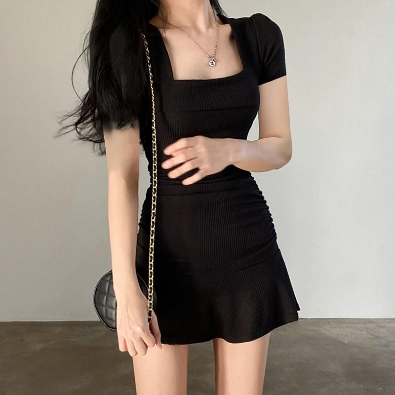 

Solid Ribbed Square Collar Dress Casual Black Short Sleeve Ruffles Patchwork Mini Dresses for Women Korean Fashion Style