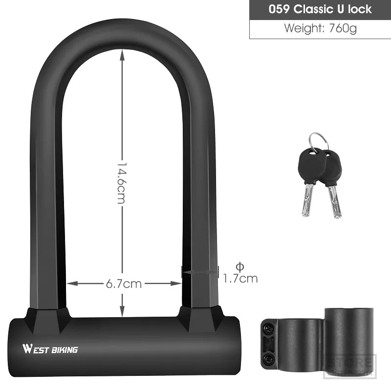 WEST BIKING MTB Road Bicycle Lock Anti-theft Bike Cable U Lock With 2 Keys Motorcycle Scooter Security Cycling Accessories