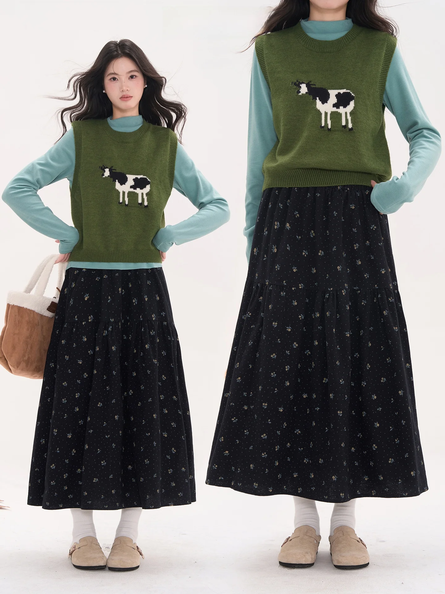 

Heme Floral Print Loose Midi Skirt Women's Spring Autumn Casual A-Line Skirt Cotton Full Elastic Waist for Young Ladies