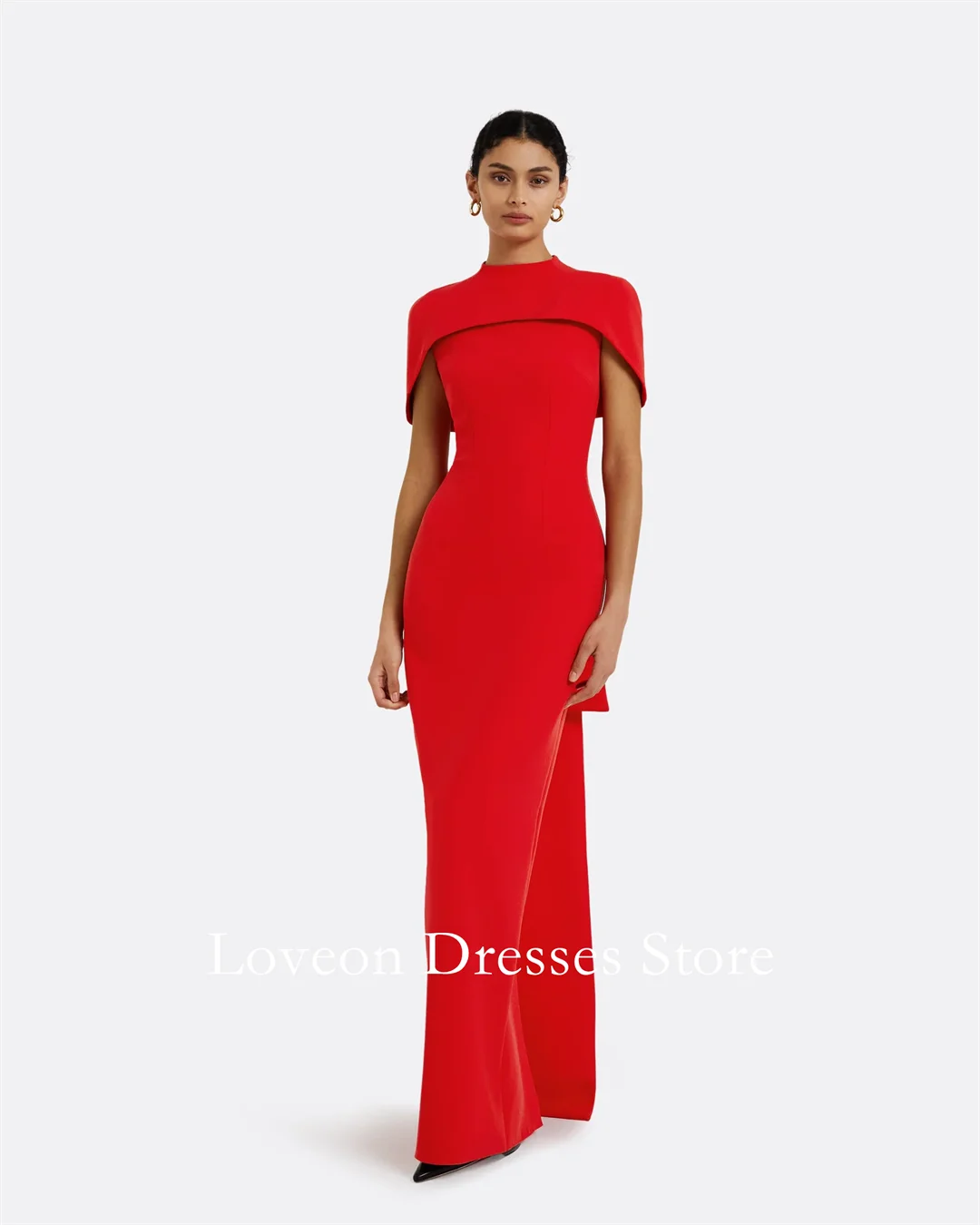 

High Neck Short Sleeves Red Crepe Mermaid Dress Formal Evening Dresses Arabic Style Customized Elegant Prom Growns Party Women