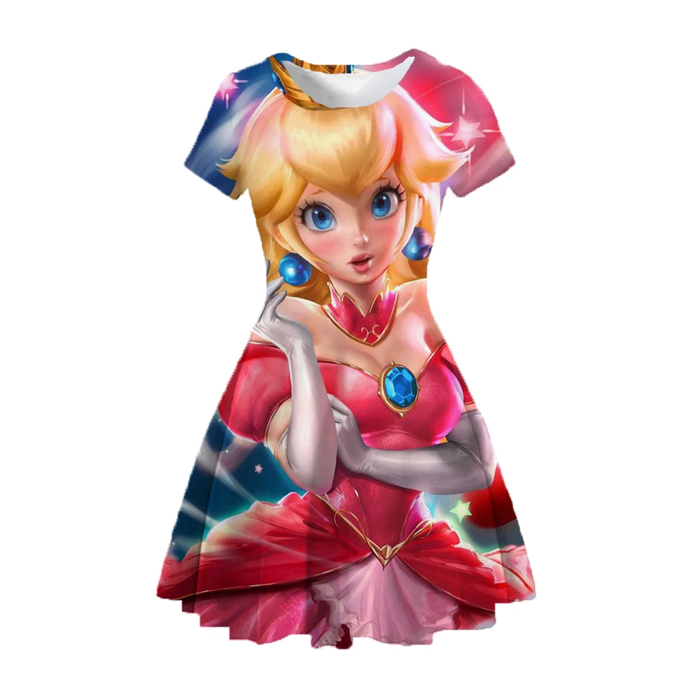 New Summer Children\'s Clothing Peach Princess Print Girls Casual Cartoon Character Christmas Dress 1-14 Years Old 2024