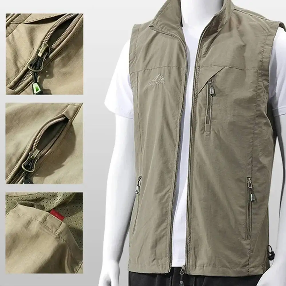 เสื้อกั๊กผู้ชายลำลองสำหรับฤดูใบไม้ผลิและฤดูร้อน สีพื้น มีกระเป๋า ซิป ซับในตาข่าย ระบายอากาศ เหมาะสำหรับตกปลา