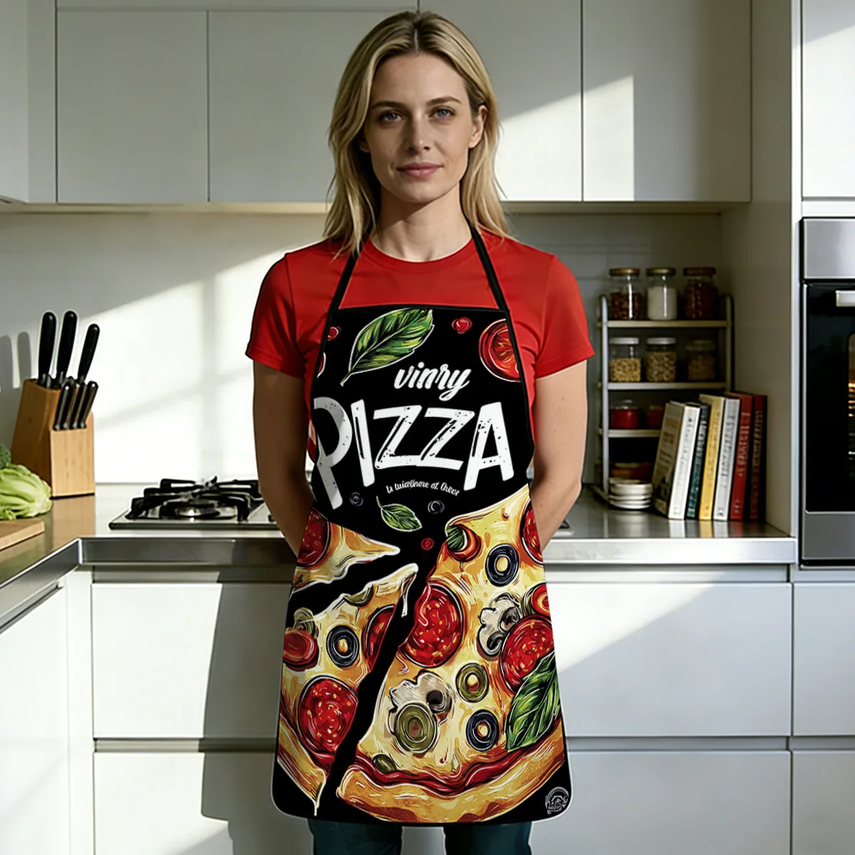Delantal con estampado artístico de pizza deliciosa 2D Flat 1781WQ, duradero y fácil de limpiar, cintura ajustable, disponible en dos tamaños: 23.