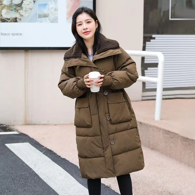 2024 autumn and winter big lapel down feather cotton-padded jacket women's long rose pink short Korean waist cotton-padded coat