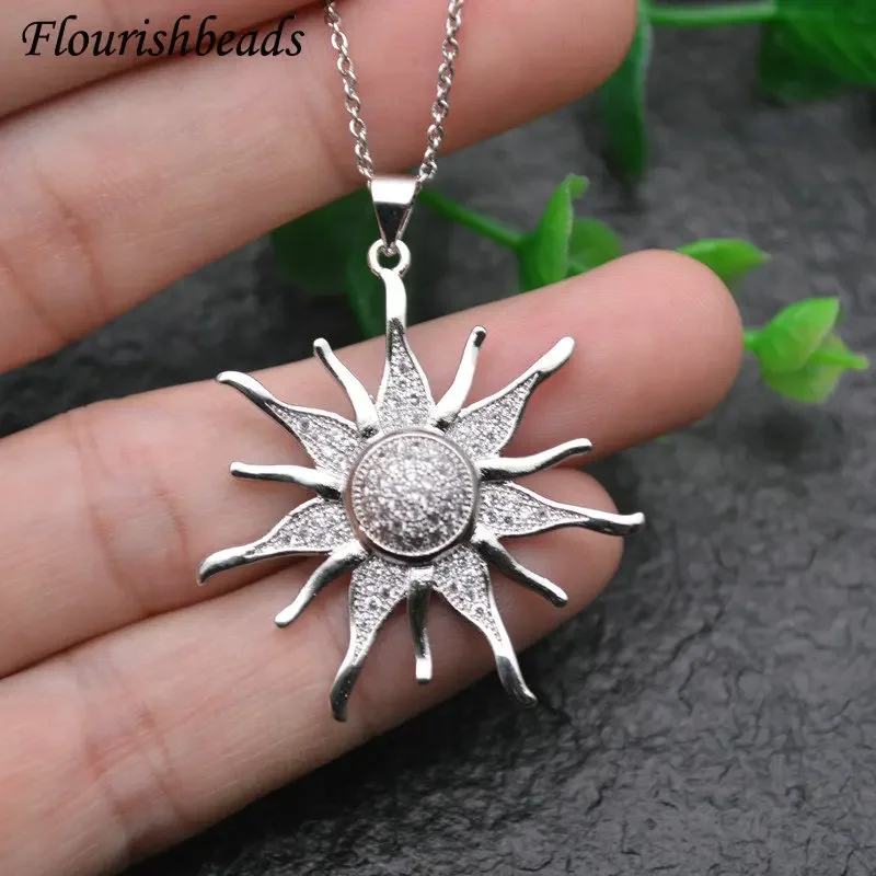 5pcs Luxury Sun Sunflower Shape Pave CZ Zircon Beads Gold Silver Color Pendant Necklace DIY Parts Jewelry Makings Accessories