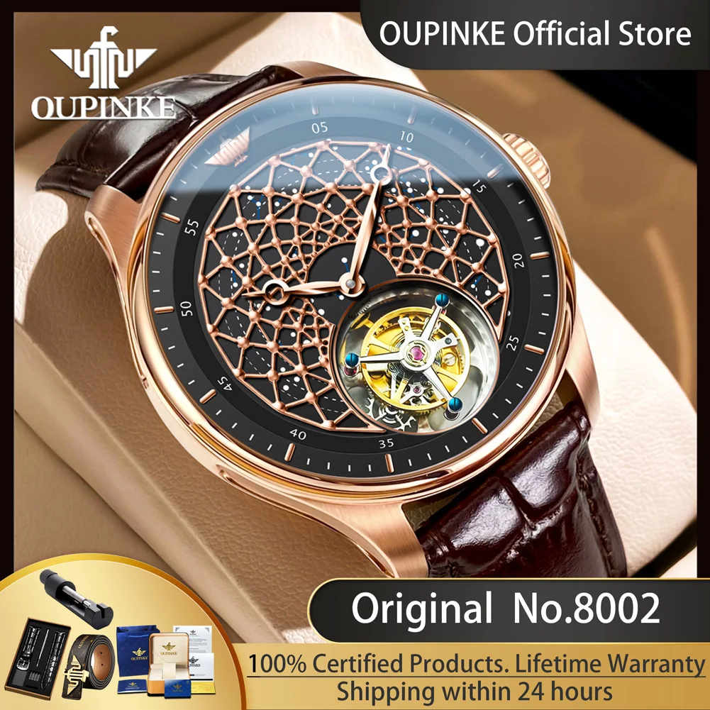 OUPINKE 8002 High-end Tourbillon Skeleton Automatic Watches for Men Top Luxury Brand Geunine Leather Strap Mechanical Man Watch