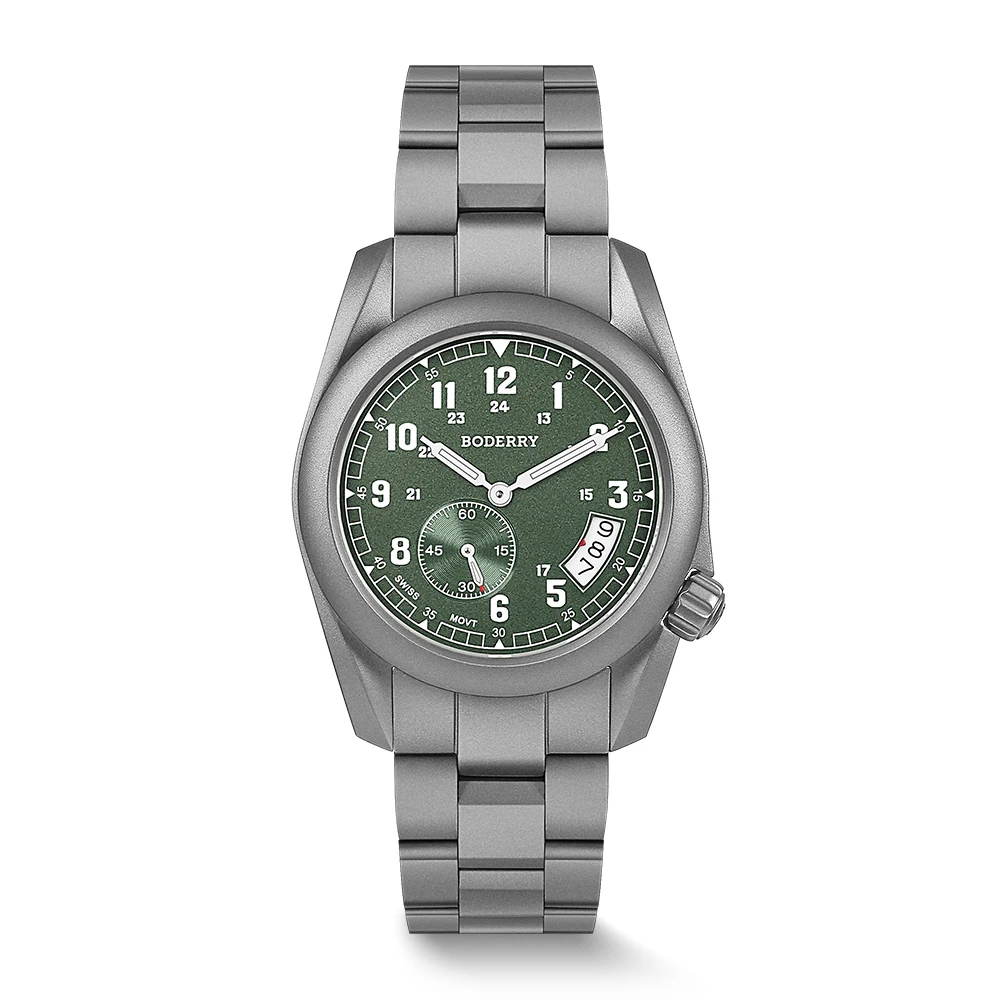 BODERRY ساعة رجالية بليوت 38 مللي متر تيتانيوم كوارتز ساعة اليد غواص 100 متر مقاوم للماء الياقوت مضيئة العسكرية 6004D Mov