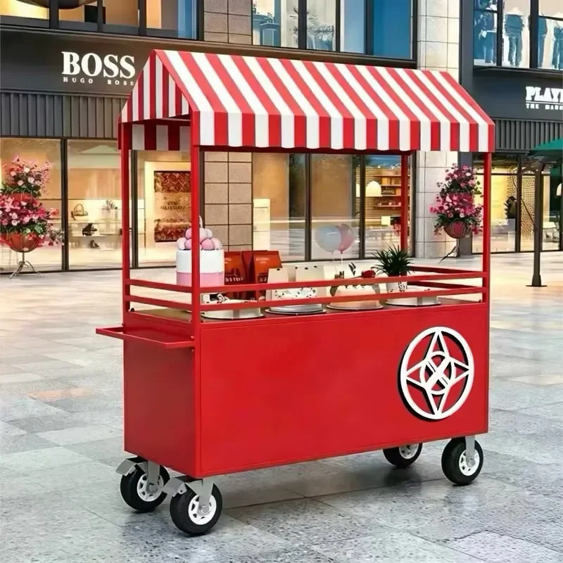 Outdoor Shopping Mall Mobile Dessert Display Car Red and White Striped Canopy Wheeled Booth Car Suitable for Wedding Parties