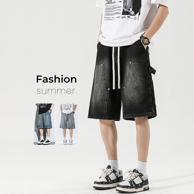 

Мужские мешковатые шорты-карго, новые летние модные прямые повседневные джинсы на шнурке, уличная одежда, мужские короткие брюки с карманами