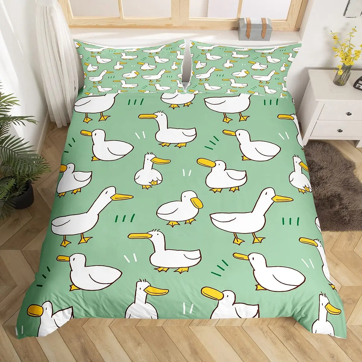 Cartoon Goose Bedding Set Lovely Ducks Duvet Cover Farmhouse Animal Comforter Cover White Duck Quilt Cover