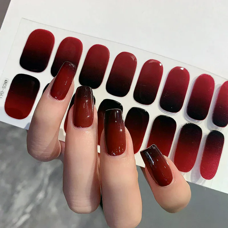 

16Pcs/Sheet Semi-Cured Gel Nail Polish Sticker Long-Lasting Extension Cream Nail Decal Full Cover Gradient Color Cured Slider