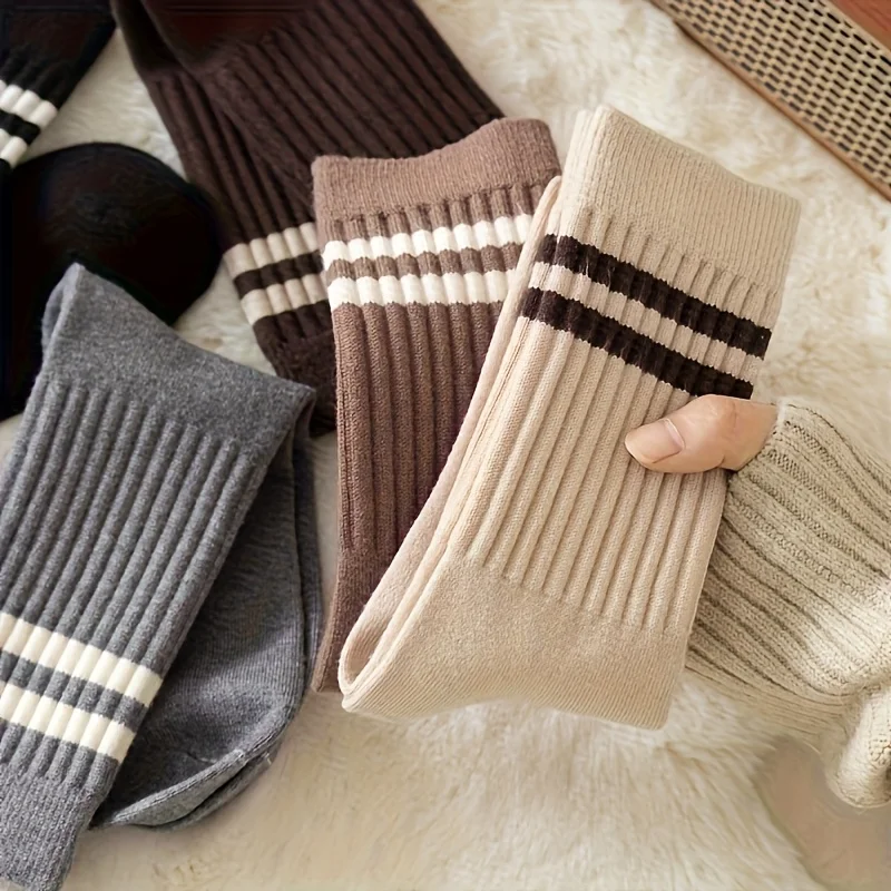 3 Paar Four Seasons Damen-Socken mit vertikaler Stange, verdickt, Retro, schlicht, modisch, gestreift, vielseitig, weich und bequem, warm, lange Socken – Detail 4