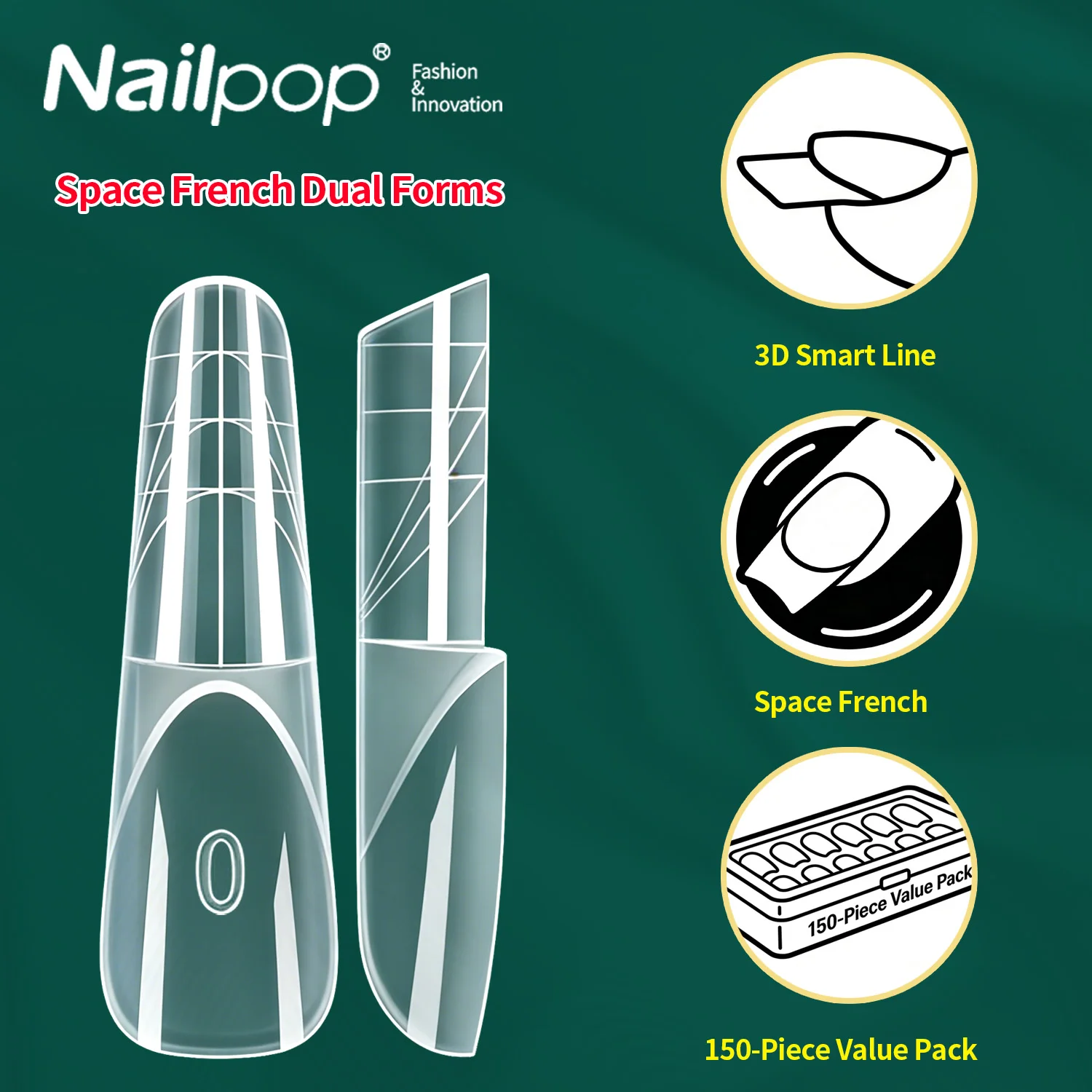 

Nailpop Space French Nail Forms 150pcs Ballerina Shape Dual Forms 3D Smart French Line Reusable Nail Extension Mold Nail Tool