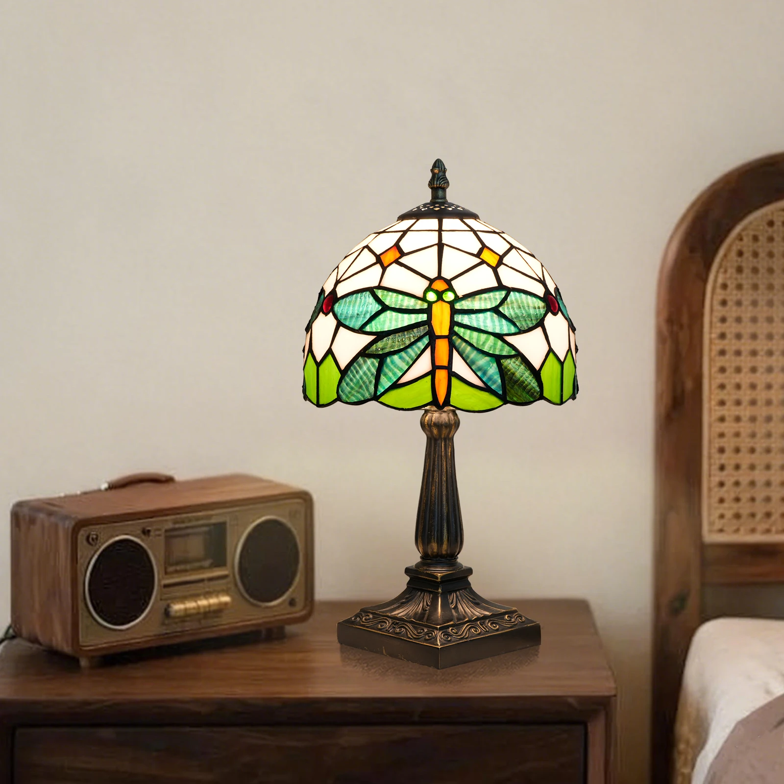 Retro Green Dragonfly Stained Glass Table Lamp 8 Inches Dragonfly Style Desk Reading Light Decor Beside Bedroom Living Room Home