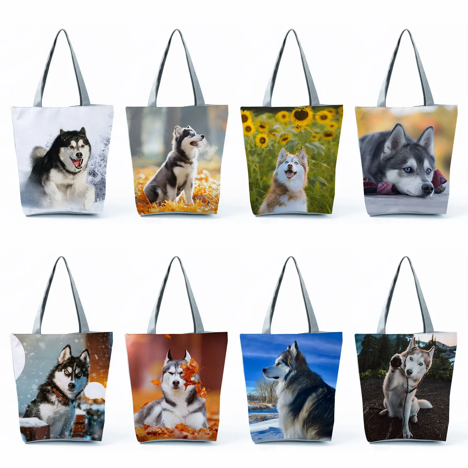 Cute Siberian Husky Print Handbags High Capacity Casual Women Totes Dog Animal Shopping Bags Foldable Portable Travel Beach Bags