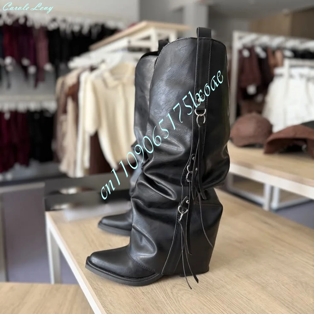 Y2K Punk Women Slouchy Knee High Boots Metal Buckle Tassel Decor Chunky Long Boots Soft PU Foldable Ladies Boots Autumn Winter