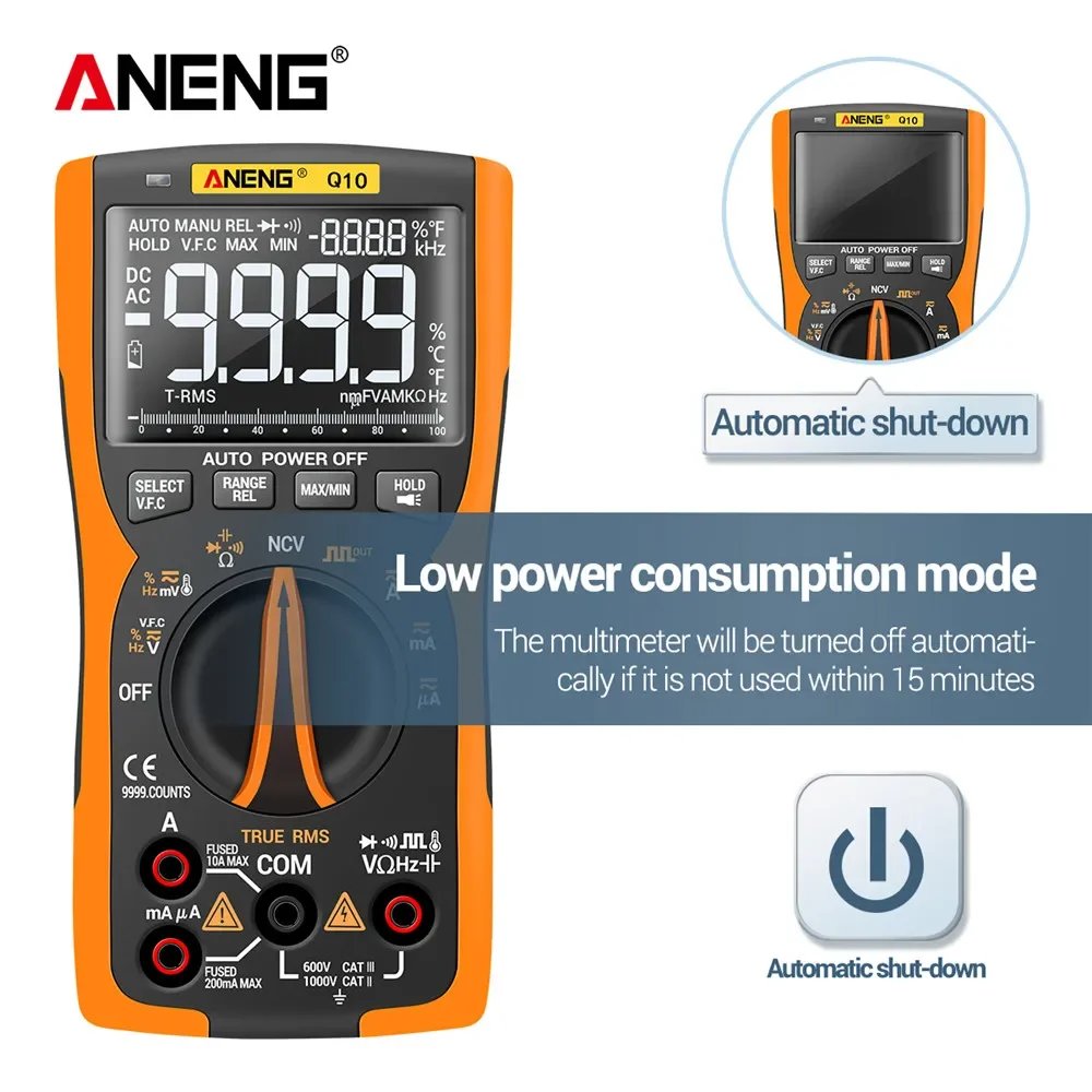 Imagem -02 - Intelligent Anti-burn Multímetro com Verdadeiro Valor Eficaz Componentes Eletrônicos Tester Ferramenta 9999 Palavras Multi-função Aneng-q10