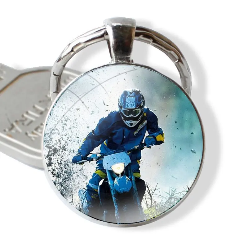 Keychain Handmade Glass Cabochon Key Ring Holder Pendant Key Chains Moto Cross Motorcycle