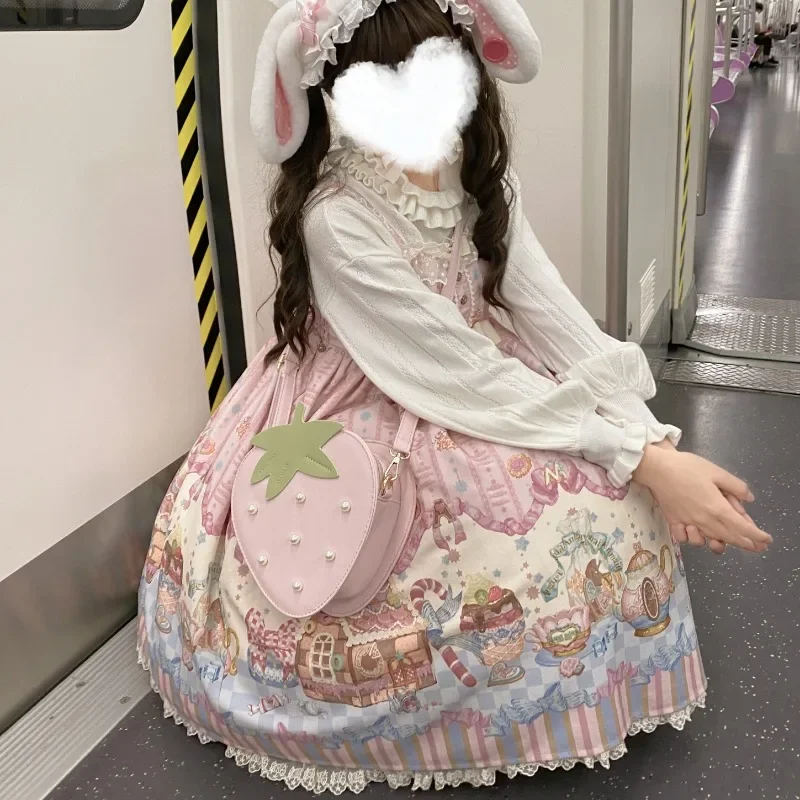 Zimowa torebka Lolita słodka truskawkowa torba Crossbody JK jednolity torebki z koralikami Kawaii dla kobiet elegancka torba na ramię Bolso